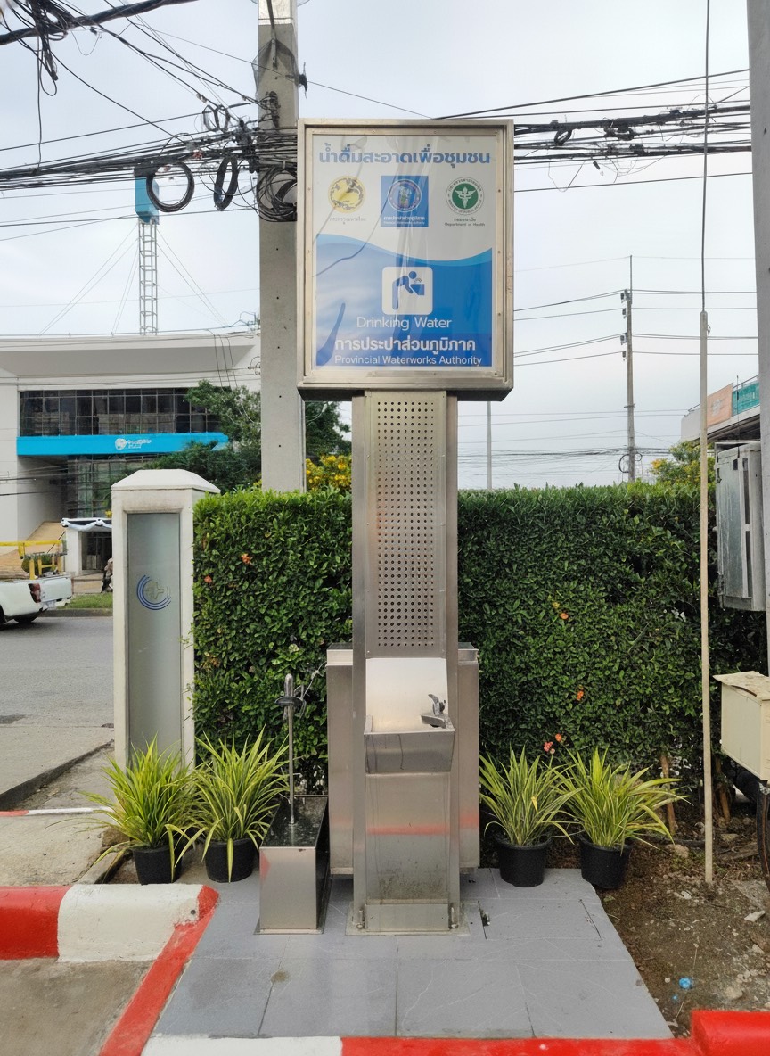 จุดน้ำประปาดื่มได้ หน้าโรงพยาบาลบ้านแพ้ว (องค์การมหาชน)