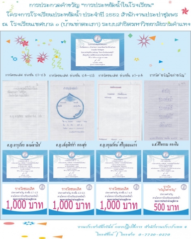 การประกวดคำขวัญ   &quot;การประหยัดน้ำในโรงเรียน  &quot; โครงการโรงเรียนประหยัดน้ำ สำนักงานประปาชุมพร ณ โรงเรียนเทศบาล ๑ (บ้านท่าตะเภา) ระบบสาธิตมหาวิทยาลัยรามคำแหง