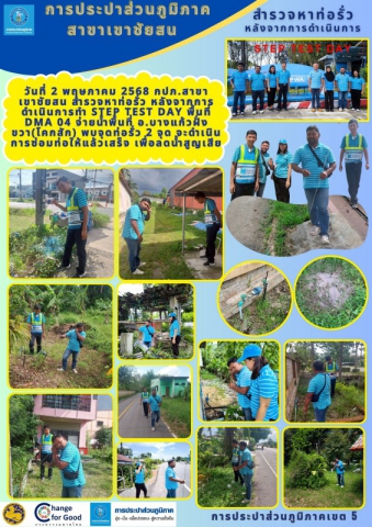 วันที่ 2 พฤษภาคม 2568 กปภ.สาขาเขาชัยสน นำโดย นายณัฐยุทธ โชโต ผู้จัดการ และพนักงานในสังกัด สำรวจหาท่อรั่ว หลังจากการดำเนินการทำ STEP TEST DAY พื้นที่ DMA 04 จ่ายน้ำพื้นที่ อ.บางแก้วฝั่งขวา(โคกสัก)