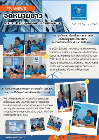กปภ.สาขากำแพงเพชร ประชุมทีมงานเดินหน้าแผนการตลาดเพื่อเพิ่มรายได้ให้กับ กปภ. พร้อมส่งมอบน้ำดื่มสะอาดให้ประชาชน