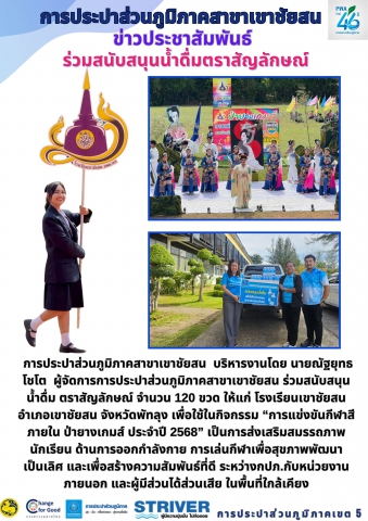 การประปาส่วนภูมิภาคสาขาเขาชัยสน บริหารงานโดย นายณัฐยุทธ โชโต ผู้จัดการการประปาส่วนภูมิภาคสาขาเขาชัยสน ร่วมสนับสนุนน้ำดื่ม ตราสัญลักษณ์ จำนวน 120 ขวด ให้แก่ โรงเรียนเขาชัยสน อำเภอเขาชัยสน จังหวัดพัทลุง เพื่อใช้ในกิจกรรม การแข่งขันกีฬาสีภายใน ป่ายางเกมส์ ประจำปี 2568