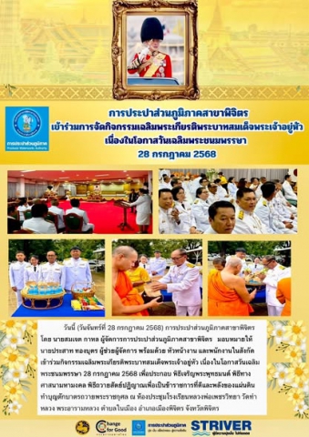 การประปาส่วนภูมิภาคสาขาพิจิตร โดย นายสมเจต กาหล ผู้จัดการการประปาส่วนภูมิภาคสาขาพิจิตร เข้าร่วมกิจกรรมเฉลิมพระเกียรติพระบาทสมเด็จพระเจ้าอยู่หัว เนื่องในโอกาสวันเฉลิมพระชนมพรรษา 28 กรกฎาคม 2568