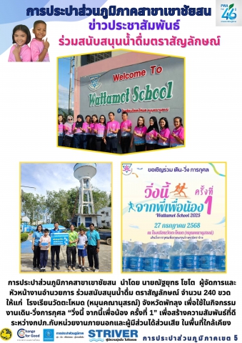 วันที่ 27 กรกฎาคม 2568 การประปาส่วนภูมิภาคสาขาเขาชัยสน นำโดย นายณัฐยุทธ โชโต ผู้จัดการและหัวหน้างานอำนวยการ ร่วมสนับสนุนน้ำดื่ม ตราสัญลักษณ์ จำนวน 240 ขวด ให้แก่ โรงเรียนวัดตะโหมด (หมุนคณานุสรณ์) จังหวัดพัทลุง