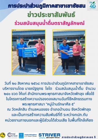 วันที่ ๒๐ สิงหาคม ๒๕๖๘ การประปาส่วนภูมิภาคสาขาเขาชัยสน บริหารงานโดย นายณัฐยุทธ โชโต ร่วมสนับสนุนน้ำดื่ม จำนวน ๒๔๐ ขวด ให้แก่ สำนักงานพระพุทธศาสนาจังหวัดพัทลุง เพื่อใช้ในโครงการสร้างความปรองดองสมานฉันท์ใช้หลักธรรมทางพระพุทธศาสนา หมู่บ้านรักษาศีล ๕