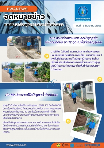 กปภ.สาขากำแพงเพชร ลดน้ำสูญเสีย เร่งซ่อมท่อประปา 12 จุด ในพื้นที่เจริญสุขบน