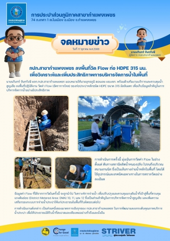 กปภ.สาขากำแพงเพชร ลงพื้นที่วัด Flow ท่อ HDPE 315 มม. เพื่อวิเคราะห์และเพิ่มประสิทธิภาพการบริหารจัดการน้ำในพื้นที่