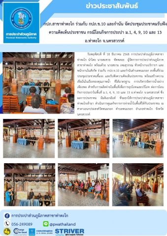 กปภ.สาขาท่าตะโก ร่วมกับ กปภ.ข.10 และกำนัน จัดประชุมประชาคมรับฟังความคิดเห็นประชาชน กรณีโอนกิจการประปา ม.1, 4, 9, 10 และ 13 อ.ท่าตะโก จ.นครสวรรค์