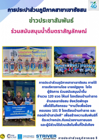 การประปาส่วนภูมิภาคสาขาเขาชัยสน ภายใต้การบริหารงานโดย นายณัฐยุทธ โชโต ผู้จัดการ ร่วมสนับสนุนน้ำดื่ม จำนวน 120 ขวด ให้แก่ โรงเรียนบ้านท่าลาด อำเภอเขาชัยสน จังหวัดพัทลุง เพื่อใช้ในกิจกรรม งานวิ่งเพื่อน้อง ครบรอบ 101 ปี โรงเรียนบ้านท่าลาด และทอดผ้าป่าสามัคคี