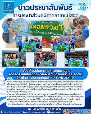 กปภ.สาขาแม่สอด ดำเนินโครงการ "หลอมรวมใจ มอบน้ำใสสะอาดให้โรงเรียน เฉลิมพระเกียรติฯ ประจำปี 2569