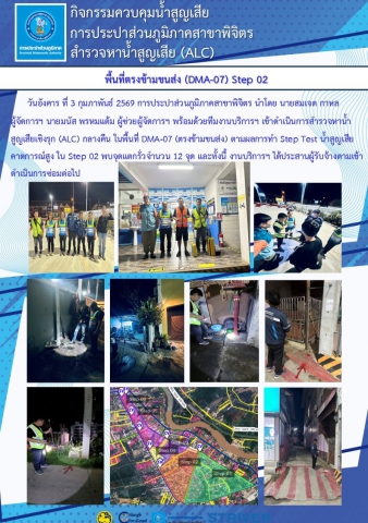 การประปาส่วนภูมิภาคสาขาพิจิตร ดำเนินกิจกรรมสำรวจหาน้ำสูญเสียเชิงรุก (ALC) ในพื้นที่ ตรงข้ามขนส่ง (DMA-07)