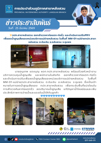 กปภ.สาขาหลังสวน ออกสำรวจหาท่อแตก-ท่อรั่ว และดำเนินการปรับPRV เพื่อลดน้ำสูญเสียของหน่วยบริการแม่ข่ายหลังสวน ในพื้นที่ MM-01-แม่ข่ายกปภ.สาขาหลังสวน ต.ขันเงิน อ.หลังสวน จ.ชุมพร