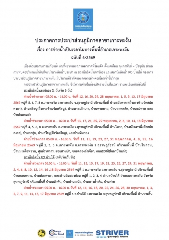 ประกาศการประปาส่วนภูมิภาคสาขาเกาะพะงัน เรื่อง การจ่ายน้ำเป็นเวลาในบางพื้นที่อำเภอเกาะพะงัน ฉบับที่ 6/2569