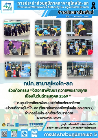 การประปาส่วนภูมิภาคสาขาสุไหงโก-ลก ร่วมกิจกรรม จิตอาสาพัฒนา ถวายพระราชกุศล เนื่องในวันฉัตรมงคล 2569