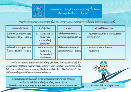 ไฟล์แนบ ประกาศการประปาส่วนภูมิภาคสาขาหาดใหญ่ (ชั้นพิเศษ)  เรื่อง หยุดจ่ายน้ำประปาชั่วคราว