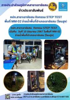 ไฟล์แนบ กปภ.สาขาเขาชัยสน  กิจกรรม STEP TEST     เมื่อคืน  วันที่ 10 มิถุนายน 2567 ในพื้นที่ MM-02  จ่ายน้ำพื้นที่อำเภอเขาชัยสน (โซนสูง) 