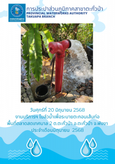 ไฟล์แนบ กปภ.สาขาตะกั่วป่า ดำเนินการตามแผนงานบริการและควบคุมน้ำสูญเสีย โบล์วน้ำเพื่อระบายตะกอนในเส้นท่อ ช่วงเดือนมิถุนายน ปี2568