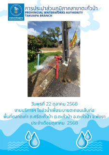ไฟล์แนบ กปภ.สาขาตะกั่วป่า ดำเนินการตามแผนงานบริการและควบคุมน้ำสูญเสีย โบล์วน้ำเพื่อระบายตะกอนในเส้นท่อ ช่วงเดือนตุลาคม ปี2568