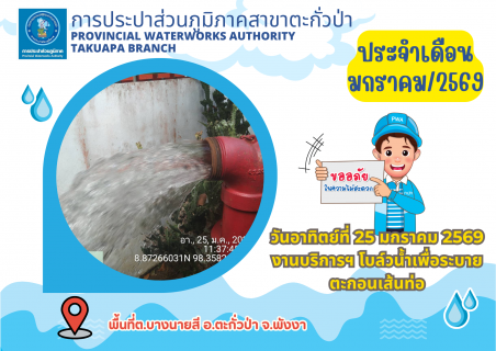 ไฟล์แนบ กปภ.สาขาตะกั่วป่า ดำเนินการตามแผนงานบริการและควบคุมน้ำสูญเสีย โบล์วน้ำเพื่อระบายตะกอนในเส้นท่อ ช่วงเดือนมกราคม ปี2569