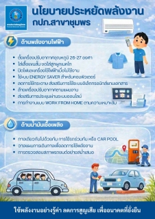 ไฟล์แนบ กปภ.สาขาชุมพร ขานรับนโยบายรัฐ ร่วมใจประหยัดพลังงาน เริ่มต้นที่ตัวเรา กปภ.สาขาชุมพร พร้อมใจดำเนินการตามมาตรการประหยัด พลังงานอย่างเคร่งครัด เพื่อร่วมเป็นส่วนหนึ่งในการลดใช้พลังงาน ของประเทศตามนโยบายของรัฐบาลและ กปภ. สำนักงานใหญ่ 