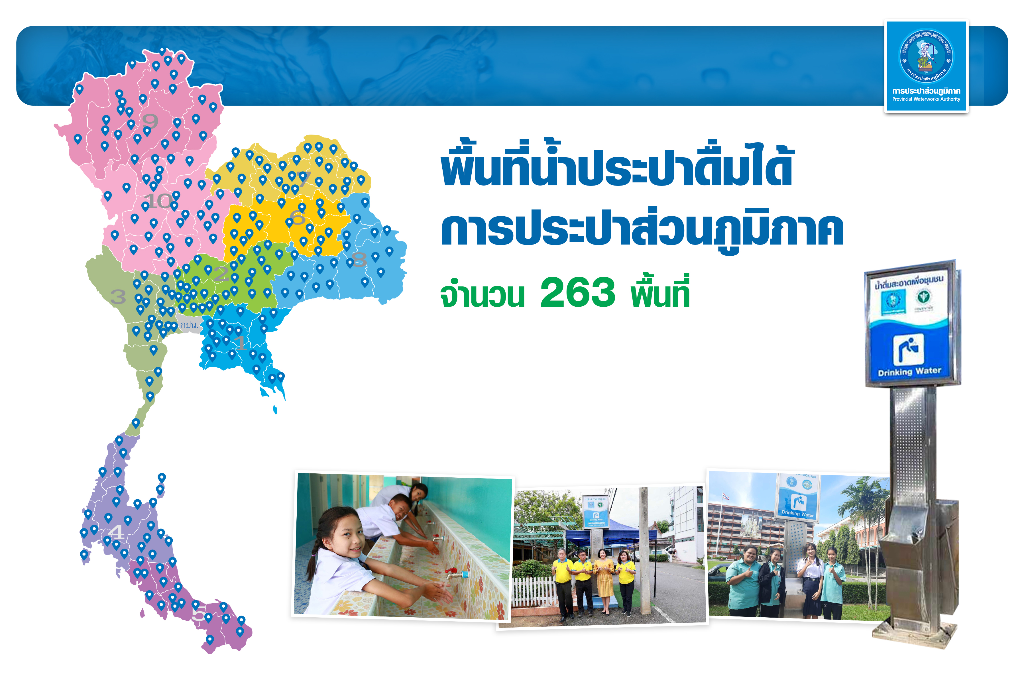พื้นที่น้ำประปาดื่มได้ การประปาส่วนภูมิภาค จำนวน 263 พื้นที่