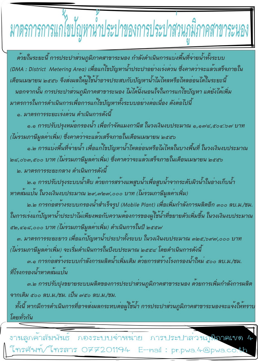 มาตรการการแก้ไขปัญหาน้ำประปาของการประปาส่วนภูมิภาคสาขาระนอง