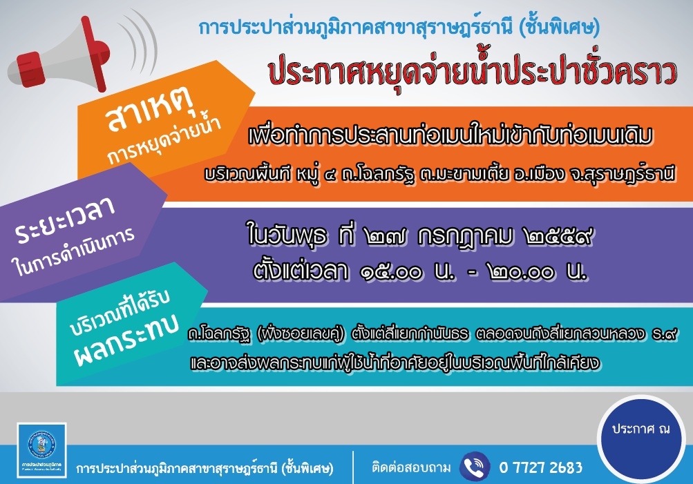 ประกาศ การประปาส่วนภูมิภาคสาขาสุราษฎร์ธานี(ชั้นพิเศษ) เรื่อง ของดจ่ายน้ำประปาชั่วคราว