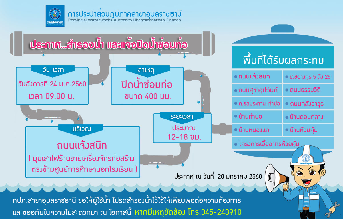 กปภ.สาขาอุบลราชธานี ประกาศ...สำรองน้ำ และแจ้งปิดน้ำซ่อมท่อ