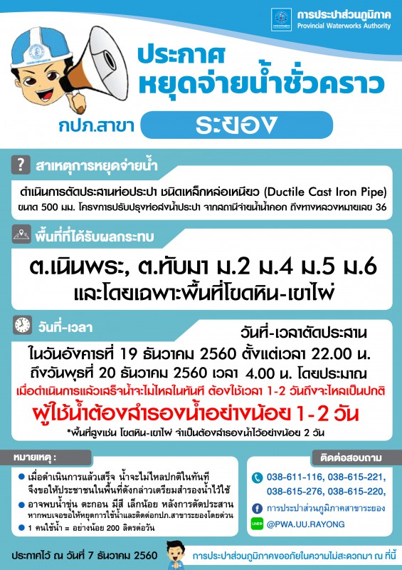 ประกาศการประปาส่วนภูมิภาคสาขาระยอง เรื่อง ของดจ่ายน้ำประปาชั่วคราว