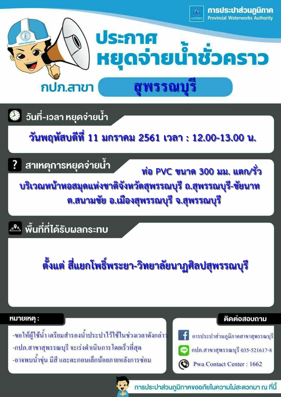 กปภ.สาขาสุพรรณบุรี ประกาศหยุดจ่ายน้ำเพื่อทำการซ่อมท่อ
