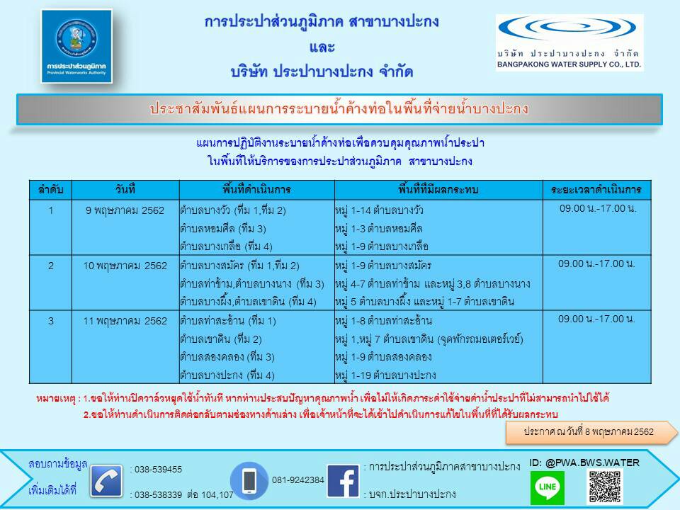 กปภ.สาขาบางปะกง ประชาสัมพันธ์การระบายน้ำค้างท่อในพื้นที่จ่ายน้ำบางปะกง