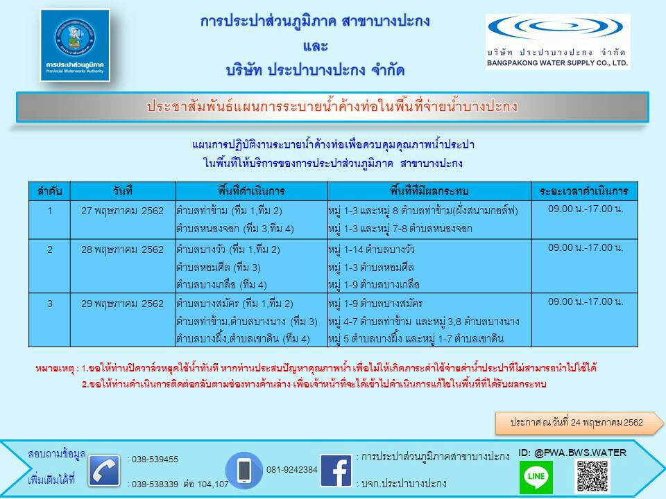 กปภ.สาขาบางปะกง ประชาสัมพันธ์การระบายน้ำค้างท่อในพื้นที่จ่ายน้ำบางปะกง