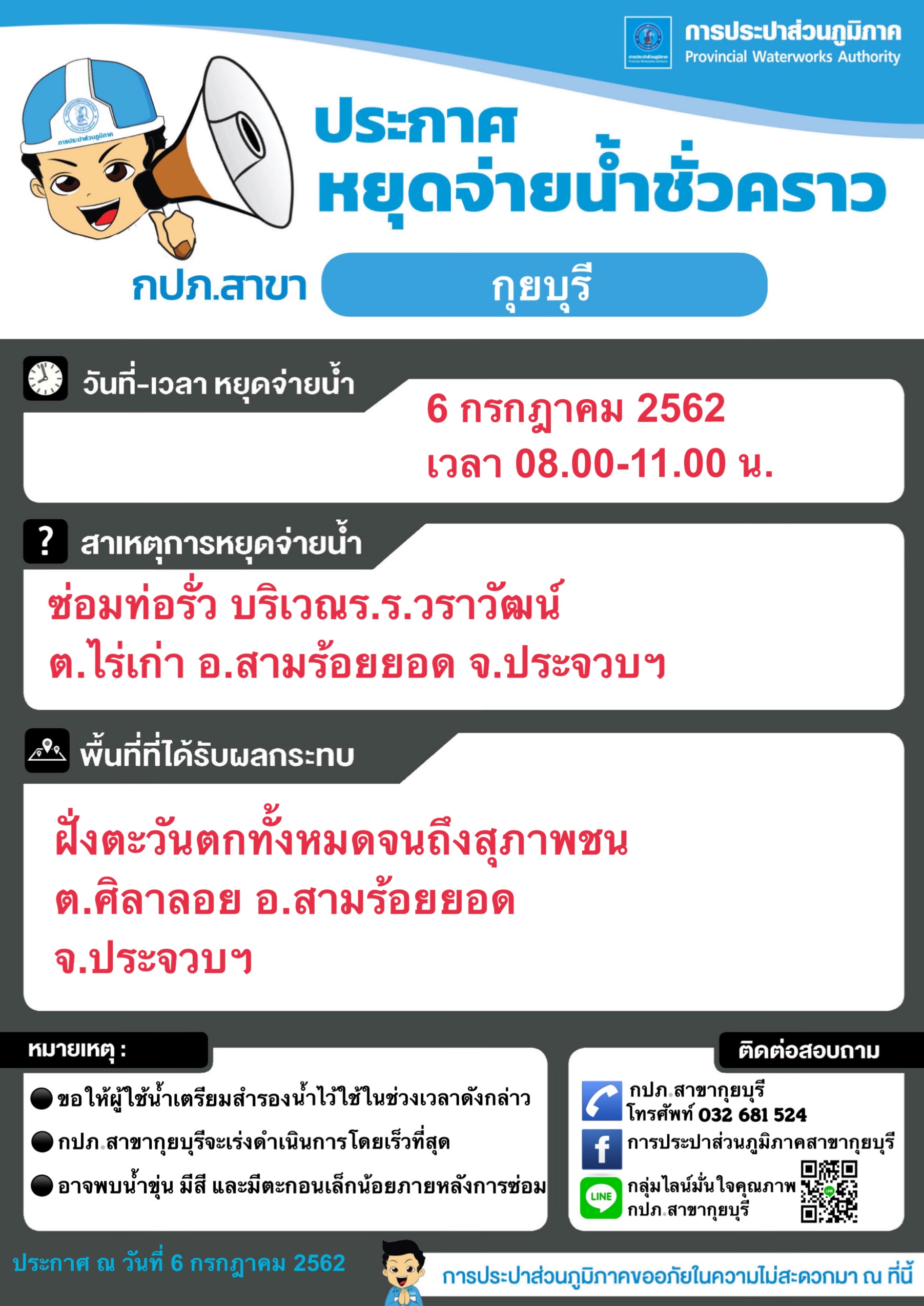 กปภ.สาขากุยบุรีประกาศหยุดจ่ายน้ำชั่วคราว
