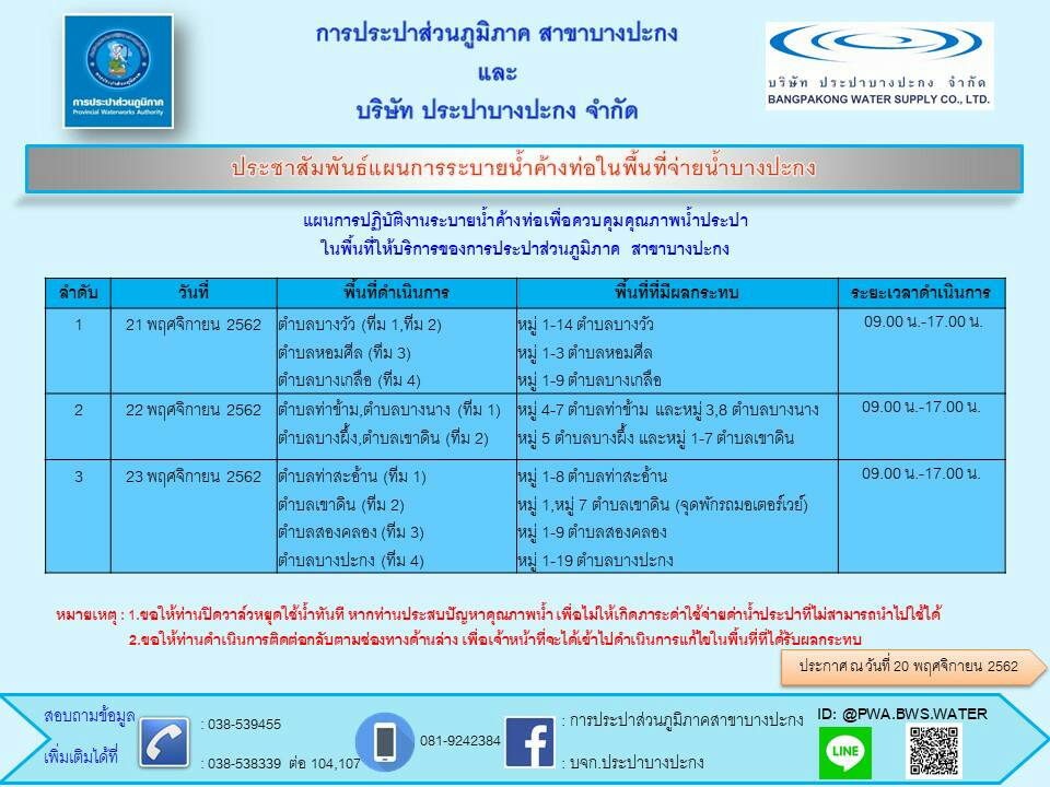 กปภ.สาขาบางปะกง ประชาสัมพันธ์การระบายน้ำค้างท่อในพื้นที่จ่ายน้ำบางปะกง