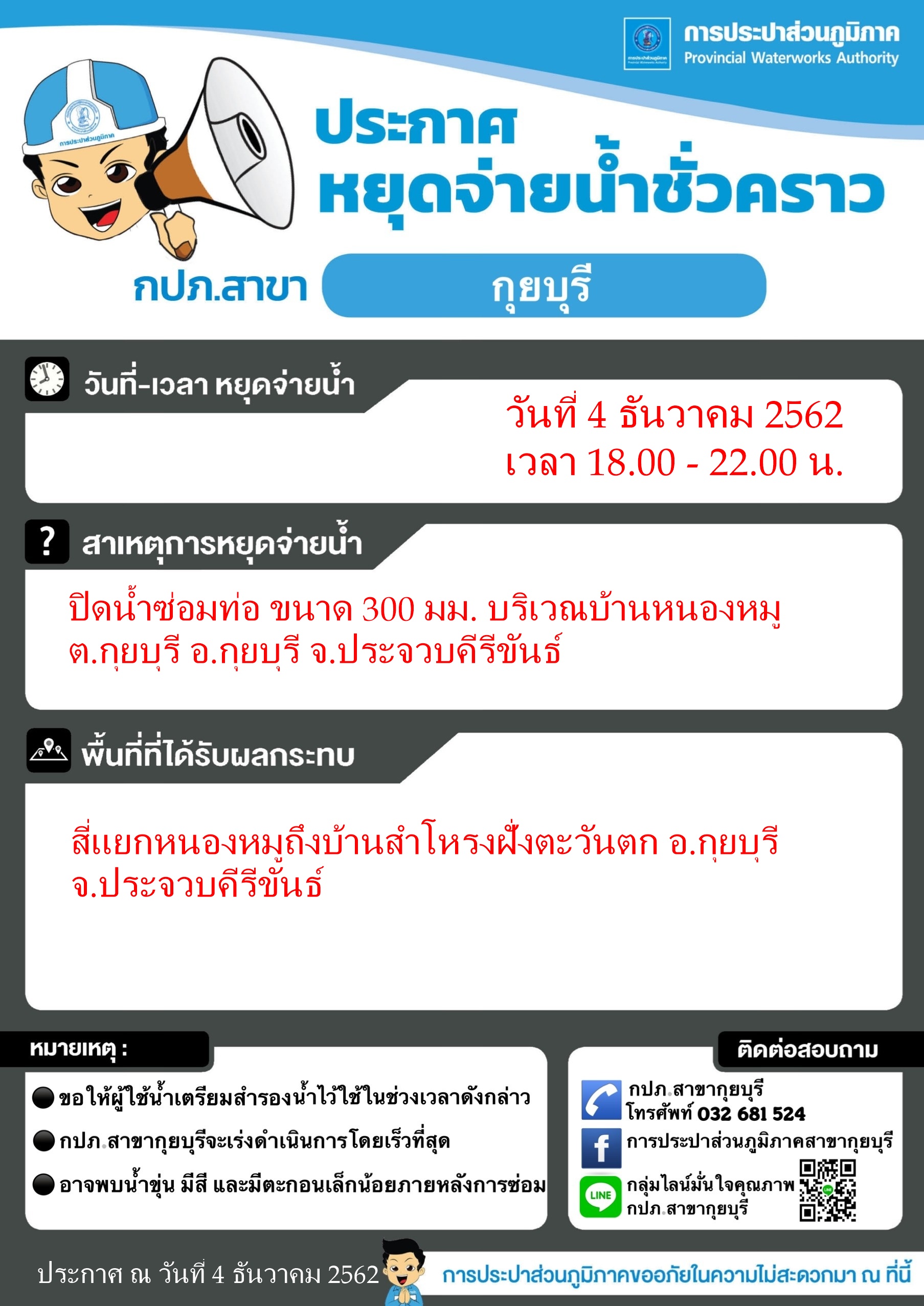 กปภ.สาขากุยบุรีประกาศหยุดจ่ายน้ำชั่วคราว