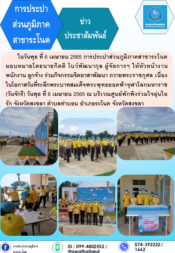 การประปาส่วนภูมิภาคสาขาระโนด กิจกรรมจิตอาสาพัฒนาถวายพระราชกุศลฯ (วันจักรี)