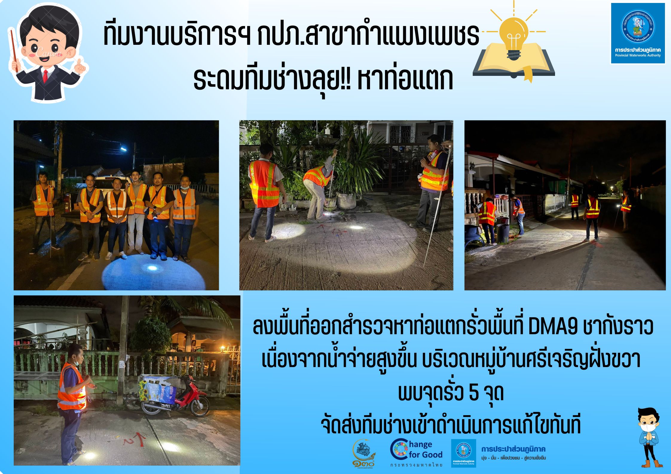 ทีมงานบริการฯ กปภ.สาขากำแพงเพชร ระดมทีมช่างลุย!! หาท่อแตก