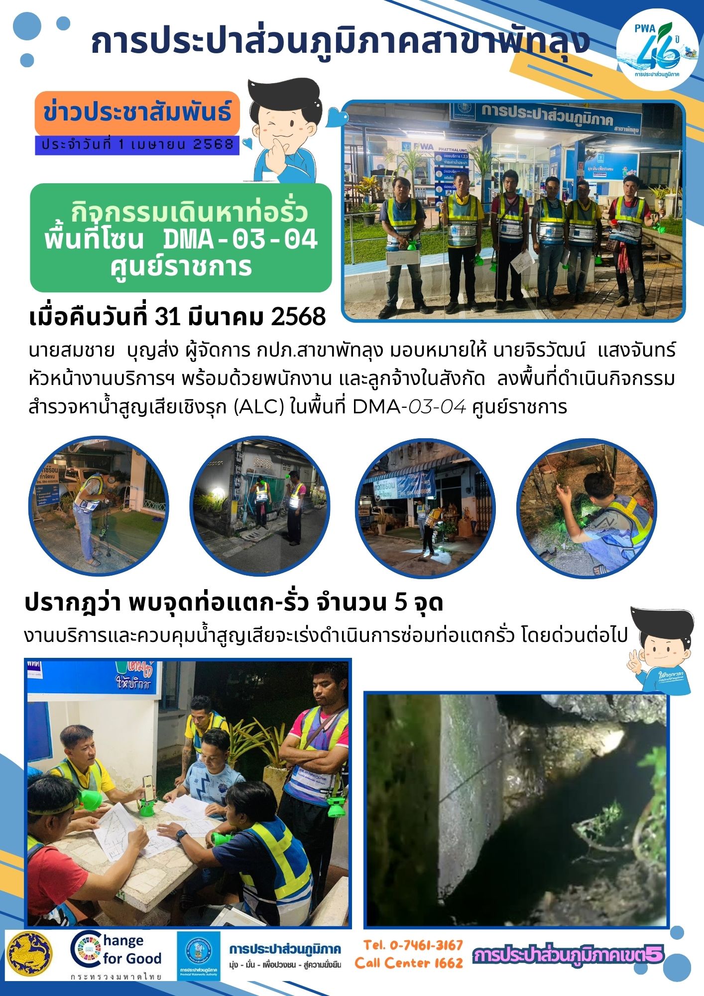 การประปาส่วนภูมิภาคสาขาพัทลุง จัดกิจกรรมเดินหาท่อรั่ว ในพื้นที่ DMA-03-04 โซนศูนย์ราชการ