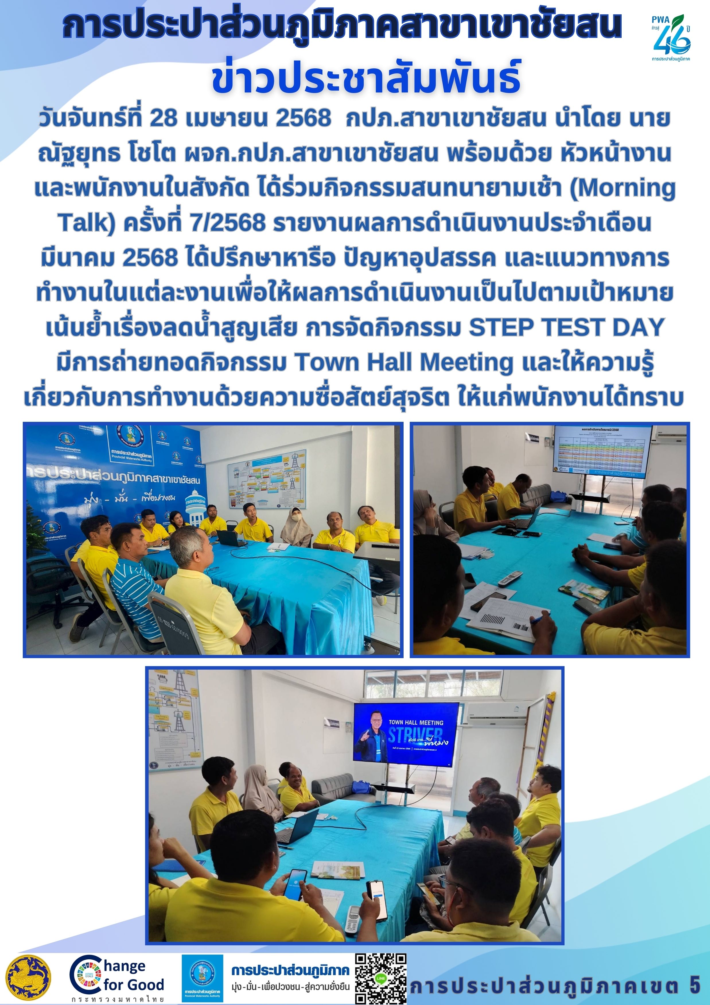 วันจันทร์ที่ 28 เมษายน 2568 กปภ.สาขาเขาชัยสน นำโดย นายณัฐยุทธ โชโต ผจก.กปภ.สาขาเขาชัยสน พร้อมด้วย หัวหน้างาน และพนักงานในสังกัด ได้ร่วมกิจกรรมสนทนายามเช้า (Morning Talk) ครั้งที่ 7/2568