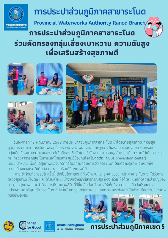 การประปาส่วนภูมิภาคสาขาระโนด ร่วมคัดกรองกลุ่มเสี่ยงเบาหวาน ความดันสูง เพื่อเสริมสร้างสุขภาพดี