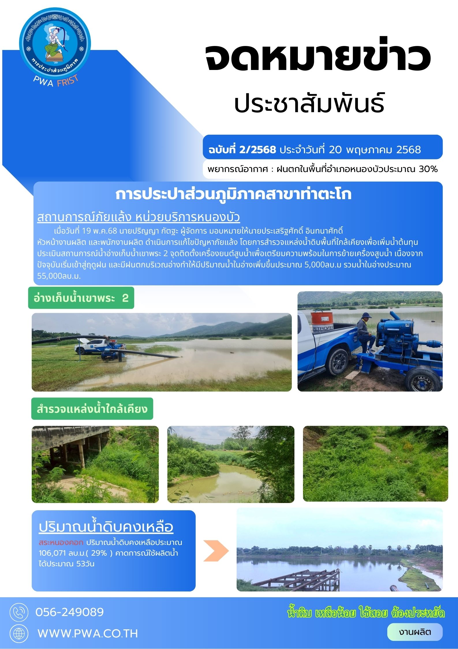กปภ.สาขาท่าตะโก ลงพื้นที่สำรวจแหล่งน้ำดิบเพื่อแก้ไขปัญหาภัยแล้ง ณ หน่วยบริการหนองบัว