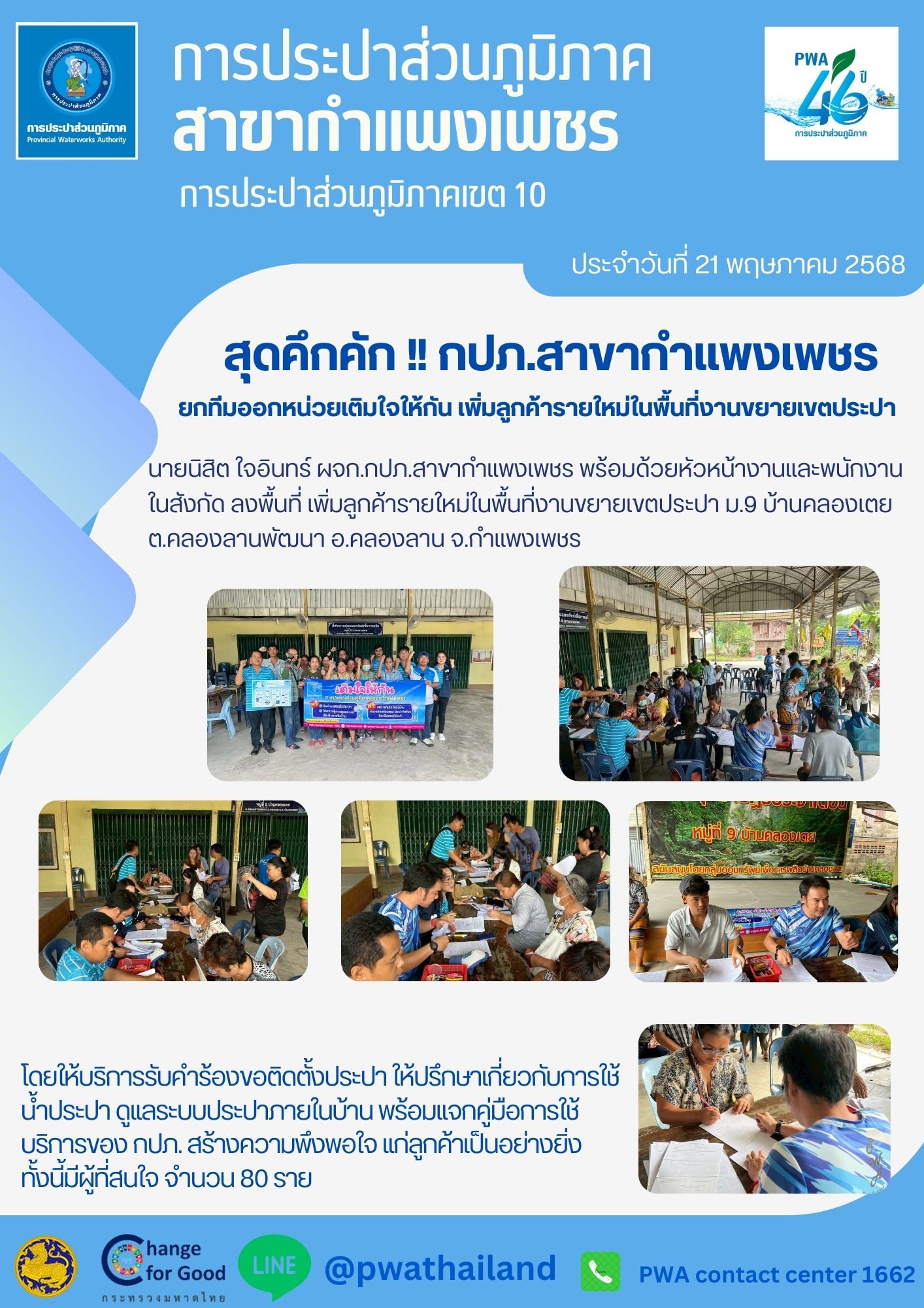 สุดคึกคัก !! กปภ.สาขากำแพงเพชร ยกทีมออกหน่วยเติมใจให้กัน เพิ่มลูกค้ารายใหม่ในพื้นที่งานขยายเขตประปา