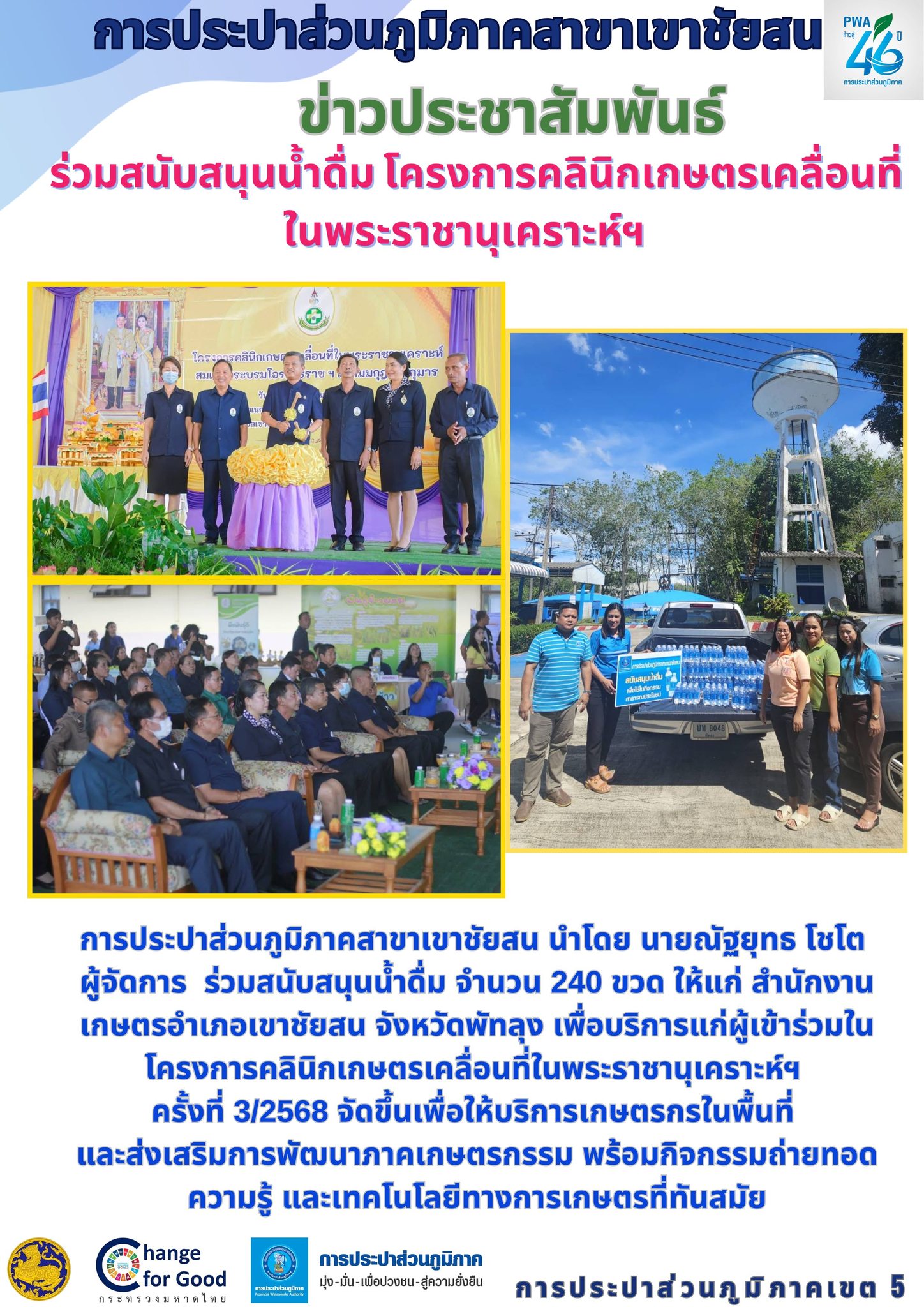 การประปาส่วนภูมิภาคสาขาเขาชัยสน นำโดย นายณัฐยุทธ โชโต ผู้จัดการ ร่วมสนับสนุนน้ำดื่ม จำนวน 240 ขวด ให้แก่ สำนักงานเกษตรอำเภอเขาชัยสน จังหวัดพัทลุง เพื่อบริการแก่ผู้เข้าร่วมในโครงการคลินิกเกษตรเคลื่อนที่ในพระราชานุเคราะห์ฯ ครั้งที่ 3/2568