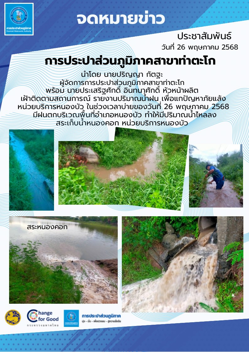 กปภ.สาขาท่าตะโก เฝ้าติดตามสถานการณ์ ปริมาณน้ำฝน ณ หน่วยบริการหนองบัว