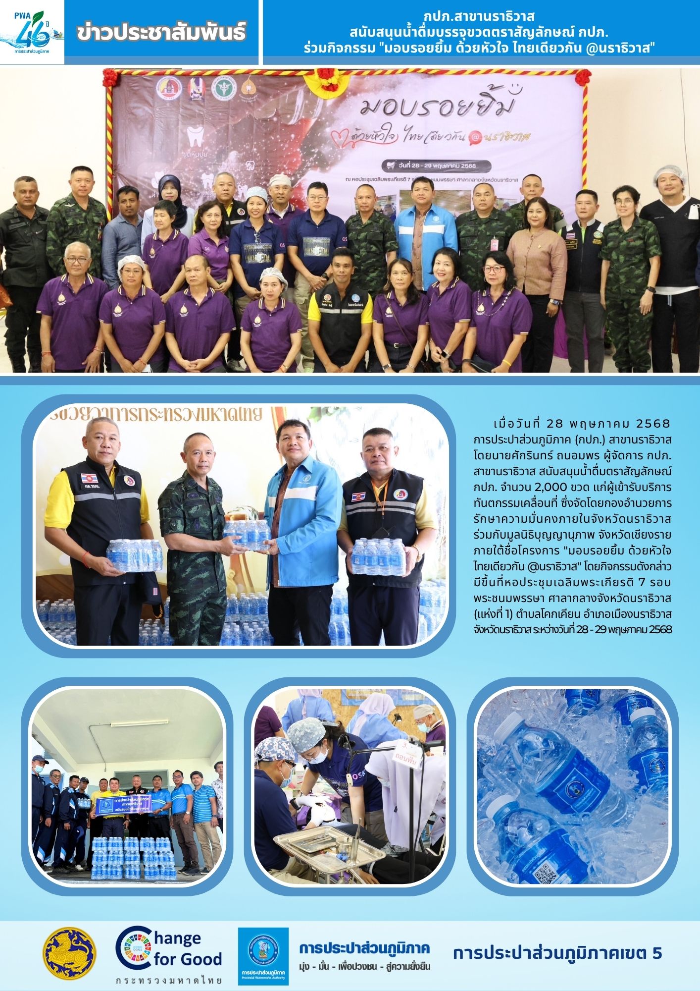 กปภ.สาขานราธิวาส สนับสนุนน้ำดื่มบรรจุขวดตราสัญลักษณ์ กปภ. ร่วมกิจกรรม "มอบรอยยิ้ม ด้วยหัวใจ ไทยเดียวกัน @นราธิวาส"