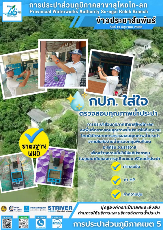 การประปาส่วนภูมิภาคสาขาสุไหงโก-ลก ลงพื้นที่ตรวจวัดคุณภาพน้ำประปาในเขตพื้นที่ อ.สุคิริน จ.นราธิวาส