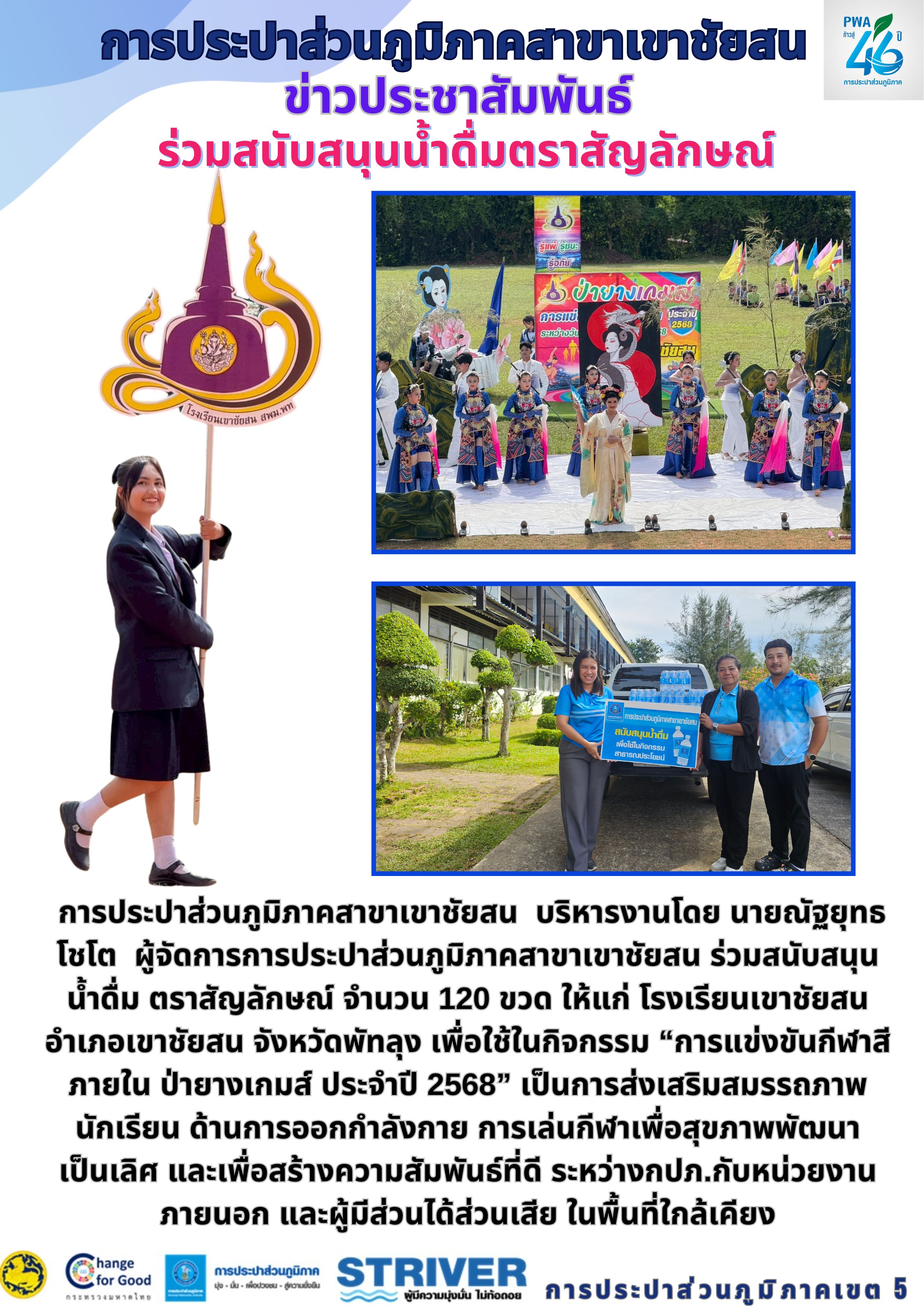 การประปาส่วนภูมิภาคสาขาเขาชัยสน บริหารงานโดย นายณัฐยุทธ โชโต ผู้จัดการการประปาส่วนภูมิภาคสาขาเขาชัยสน ร่วมสนับสนุนน้ำดื่ม ตราสัญลักษณ์ จำนวน 120 ขวด ให้แก่ โรงเรียนเขาชัยสน อำเภอเขาชัยสน จังหวัดพัทลุง เพื่อใช้ในกิจกรรม การแข่งขันกีฬาสีภายใน ป่ายางเกมส์ ประจำปี 2568