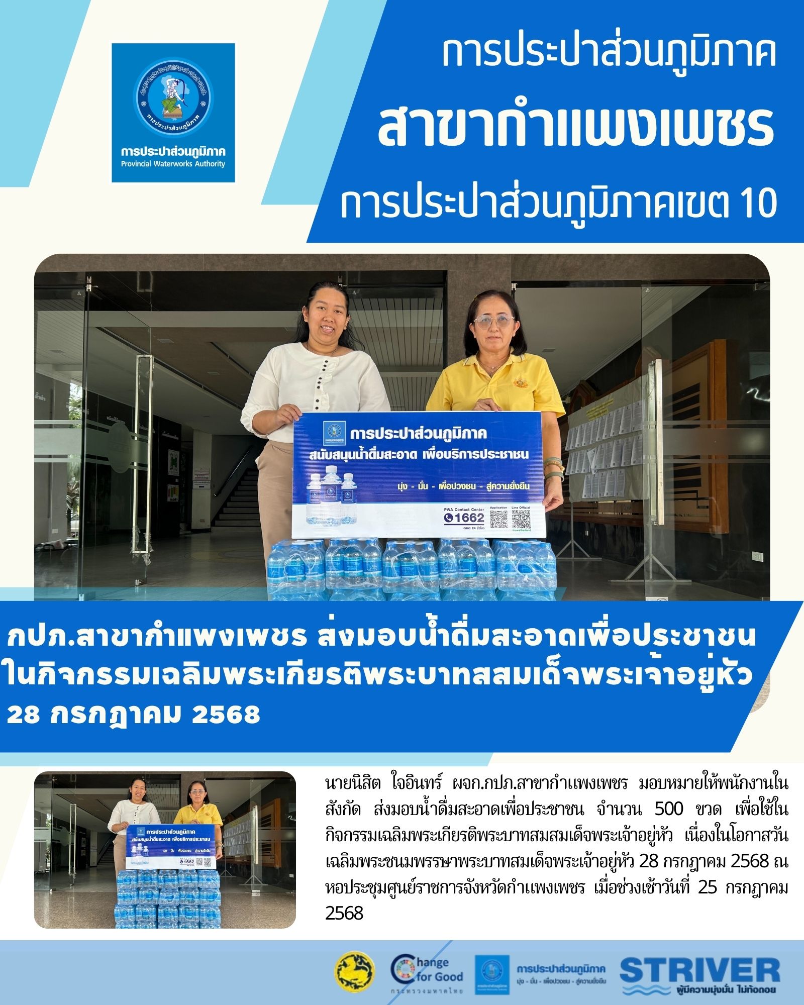 กปภ.สาขากำแพงเพชร ส่งมอบน้ำดื่มสะอาดเพื่อประชาชนในกิจกรรมเฉลิมพระเกียรติพระบาทสสมเด็จพระเจ้าอยู่หัว 28 กรกฎาคม 2568
