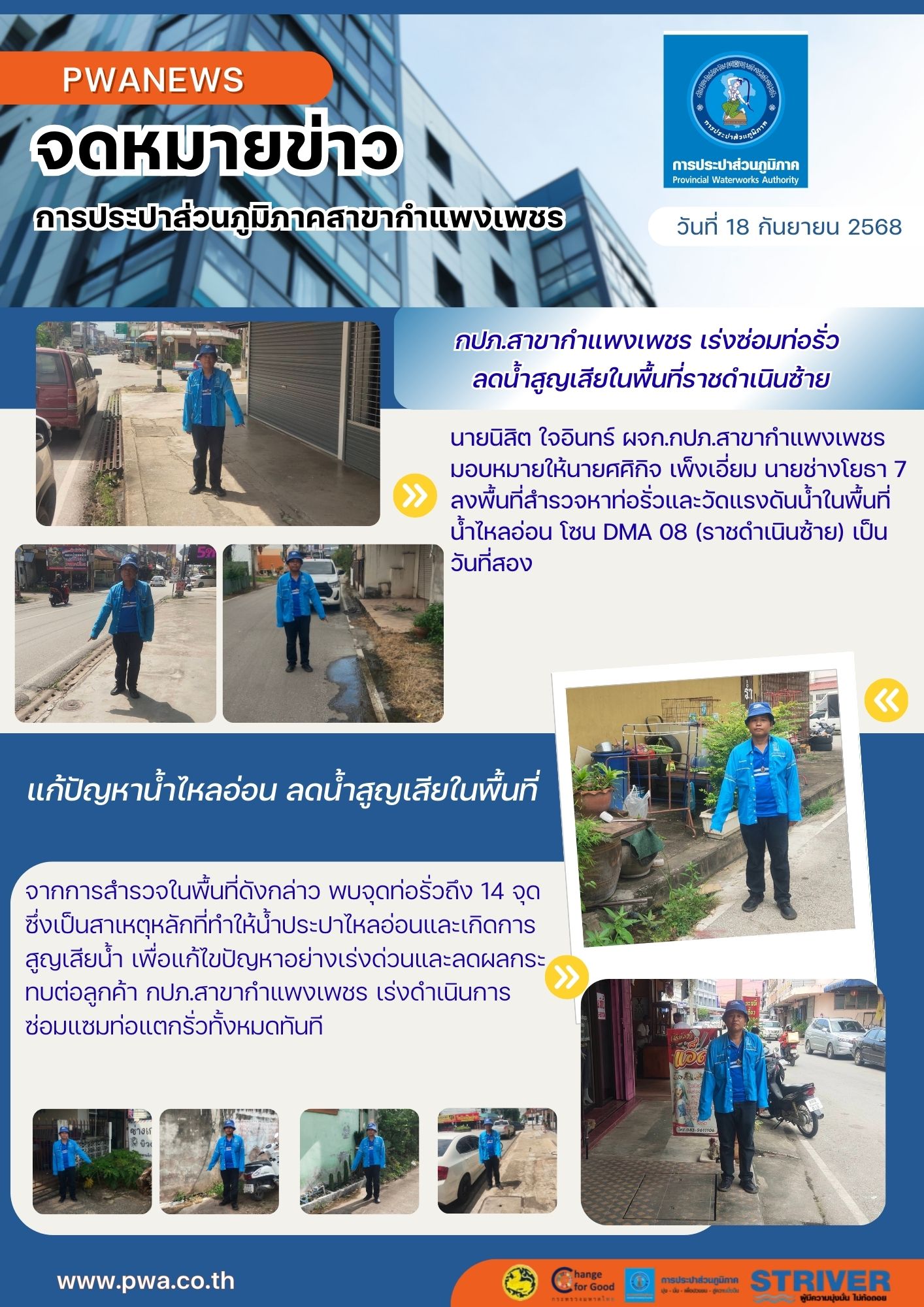 กปภ.สาขากำแพงเพชร เร่งซ่อมท่อรั่ว ลดน้ำสูญเสียในพื้นที่ราชดำเนินซ้าย