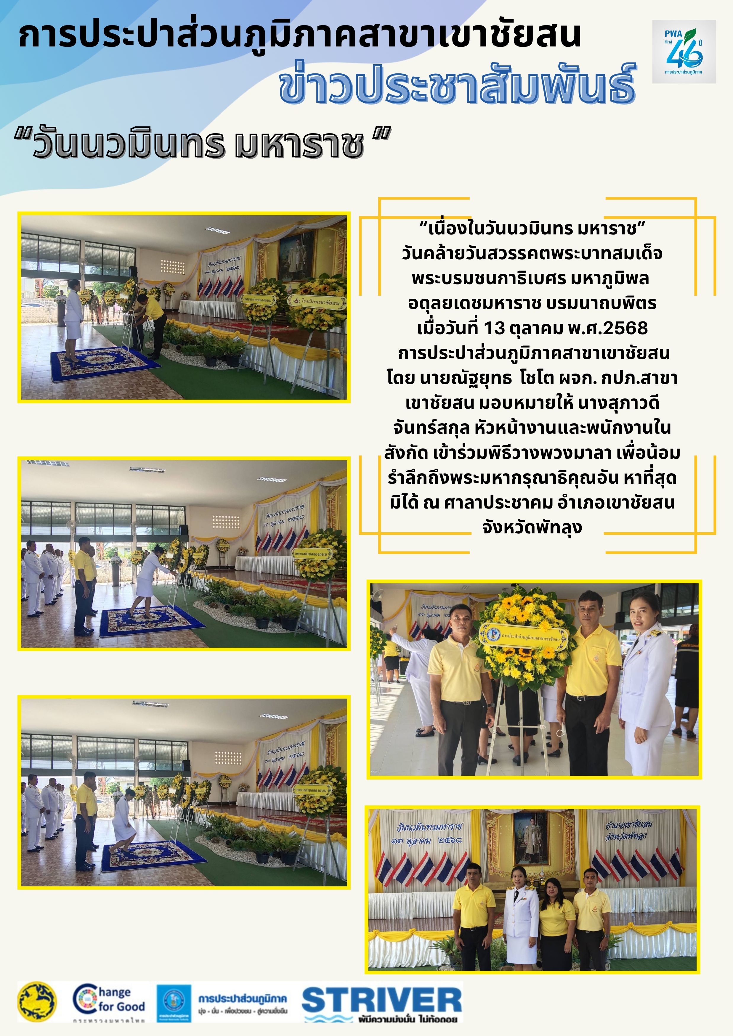 วันที่ 13 ตุลาคม พ.ศ.2568 การประปาส่วนภูมิภาคสาขาเขาชัยสน  โดย นายณัฐยุทธ  โชโต ผจก. กปภ.สาขาเขาชัยสน มอบหมายให้ หัวหน้างานและพนักงานในสังกัด เข้าร่วมพิธีวางพวงมาลา เนื่องในวันนวมินทร มหาราช วันคล้ายวันสวรรคตพระบาทสมเด็จพระบรมชนกาธิเบศร มหาภูมิพล อดุลยเดชมหาราช บรมนาถบพิตร