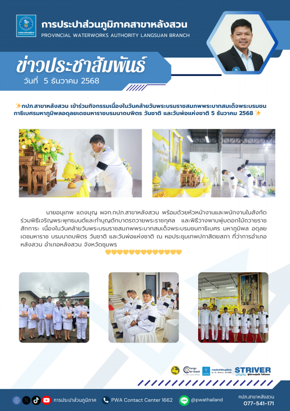 กปภ.สาขาหลังสวน เข้าร่วมกิจกรรมเนื่องในวันคล้ายวันพระบรมราชสมภพพระบาทสมเด็จพระบรมชนกาธิเบศรมหาภูมิพลอดุลยเดชมหาราชบรมนาถบพิตร วันชาติ และวันพ่อแห่งชาติ 5 ธันวาคม 2568